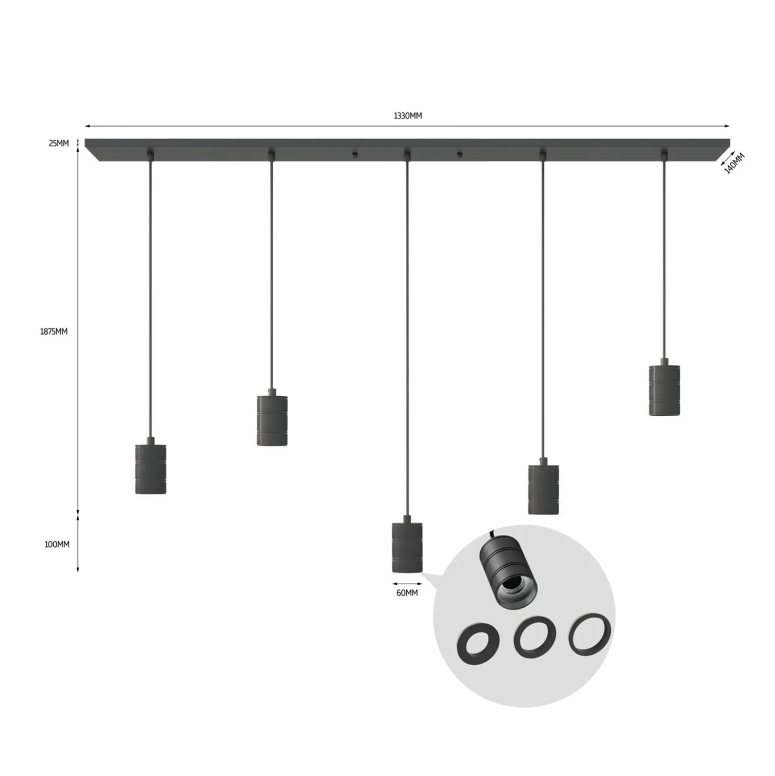 Calex Retro Pendelleuchte, eckig, 5-flg., schwarz