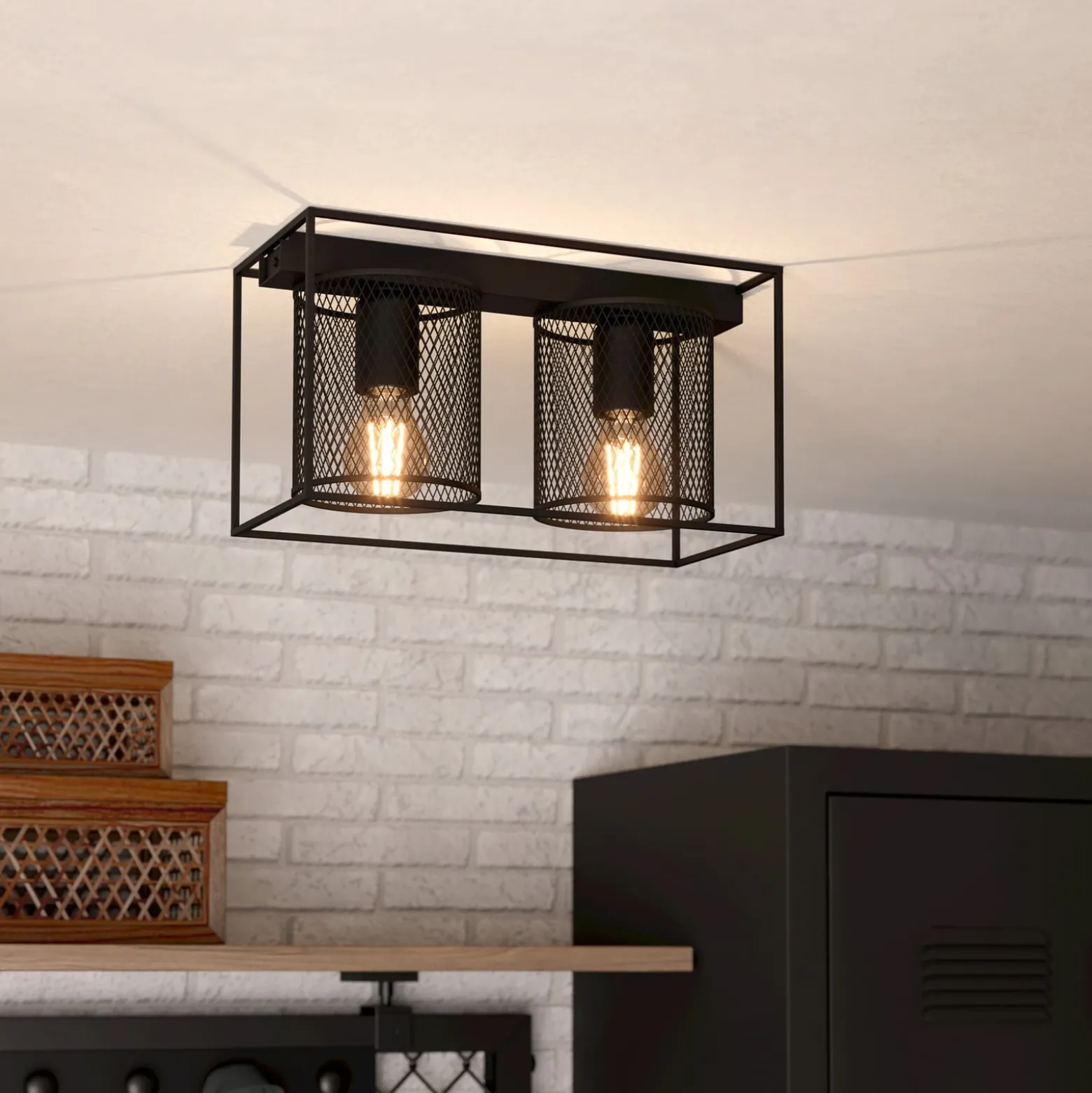 Deckenlampe Catterick, schwarz, zwei Käfigschirme