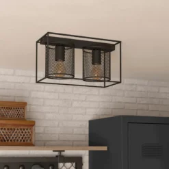 Deckenlampe Catterick, schwarz, zwei Käfigschirme