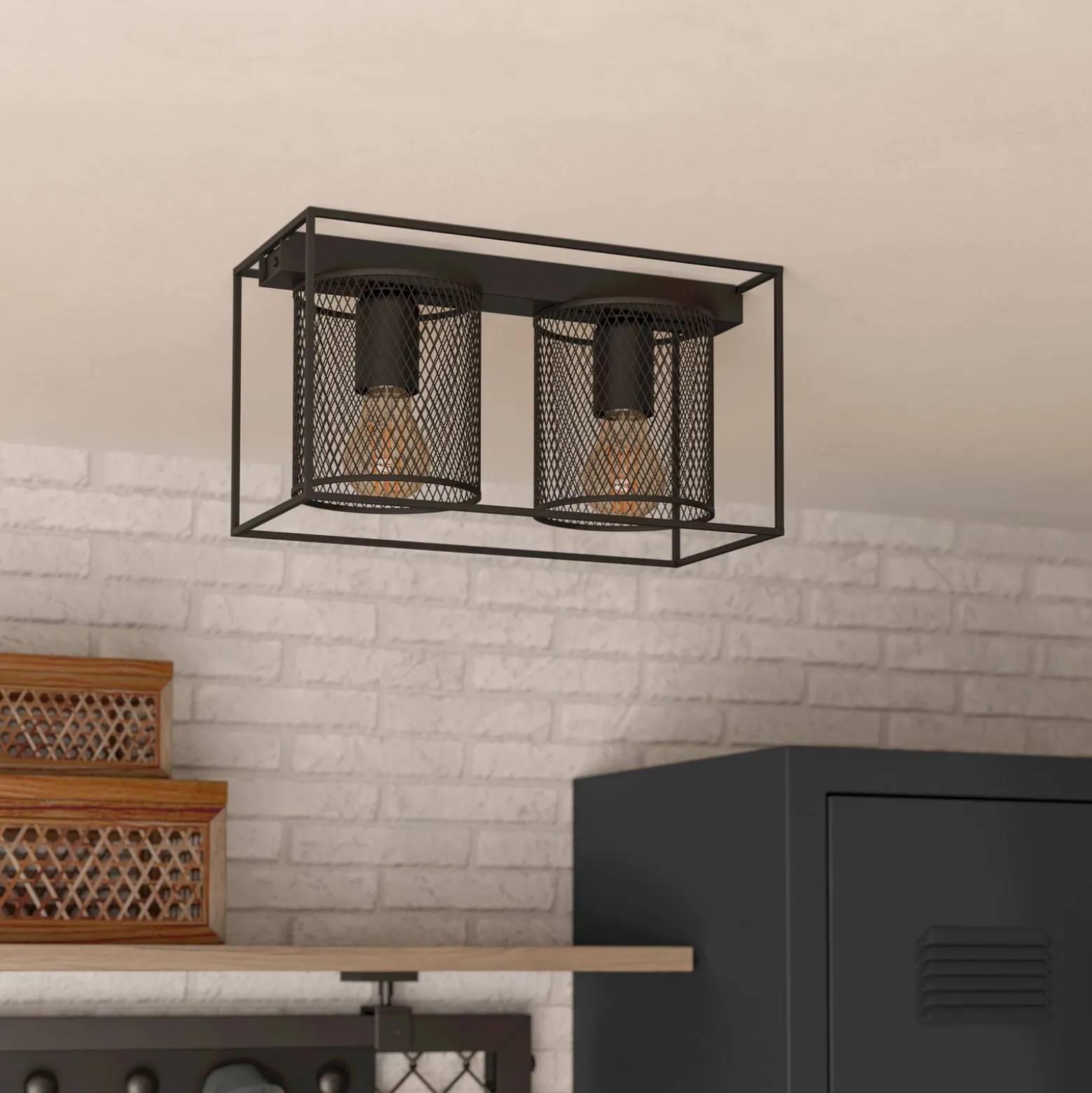 Deckenlampe Catterick, schwarz, zwei Käfigschirme
