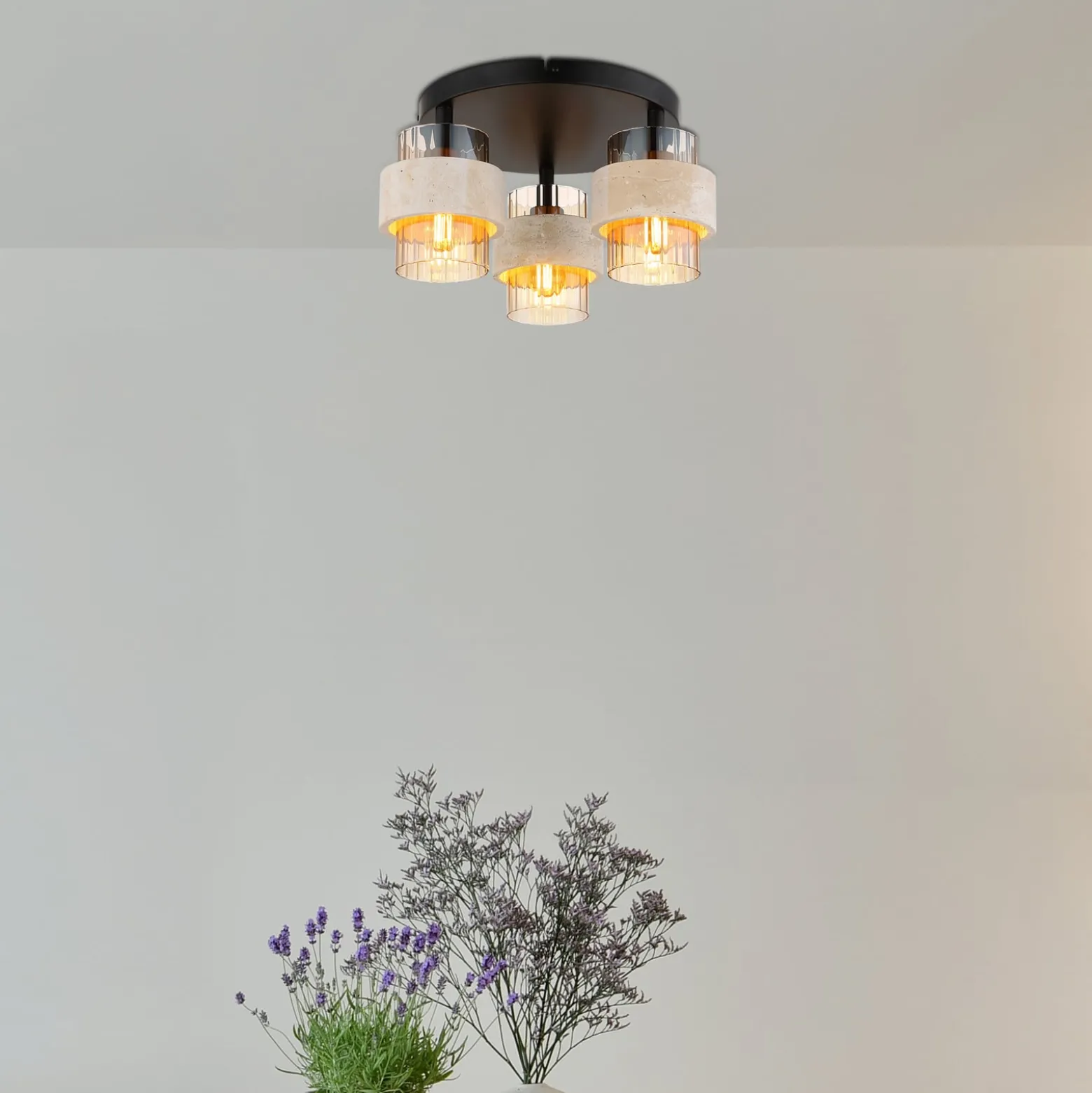 Deckenlampe Daren, 3-flg., beige/amber/schwarz, Ø 38 cm, E27
