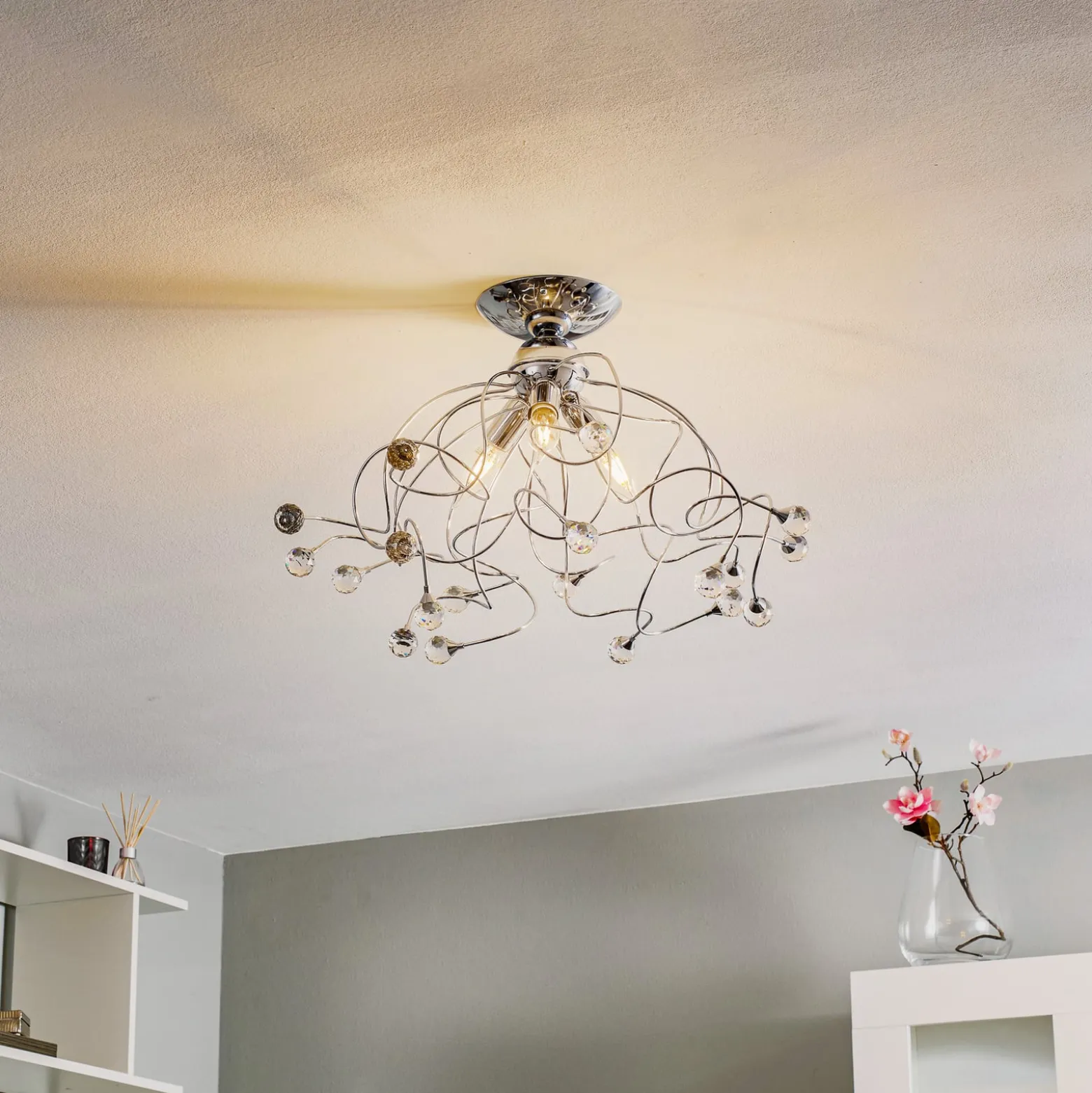 Deckenlampe Trilly in Chrom mit Kristallen, 3fl.