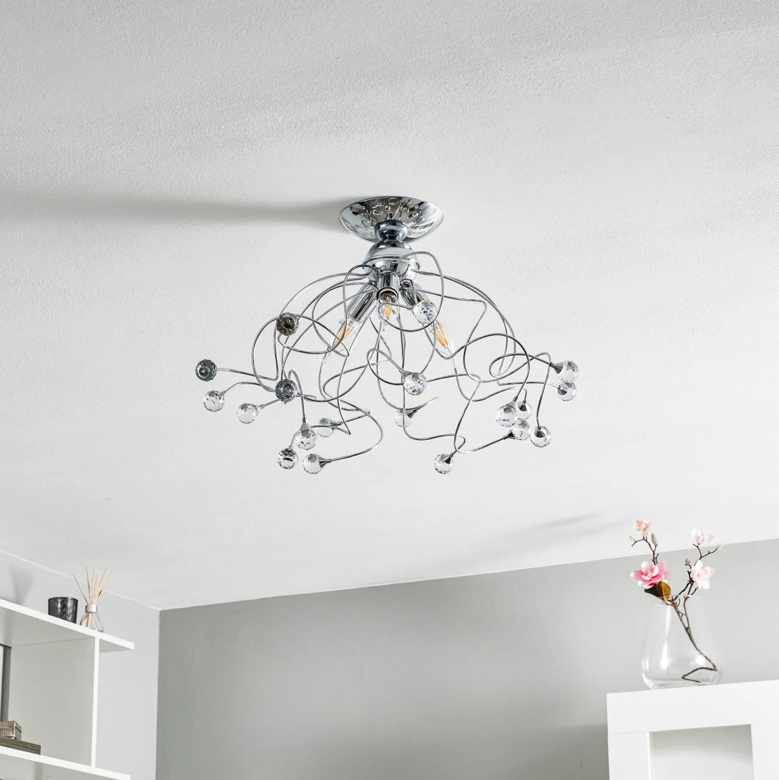 Deckenlampe Trilly in Chrom mit Kristallen, 3fl.