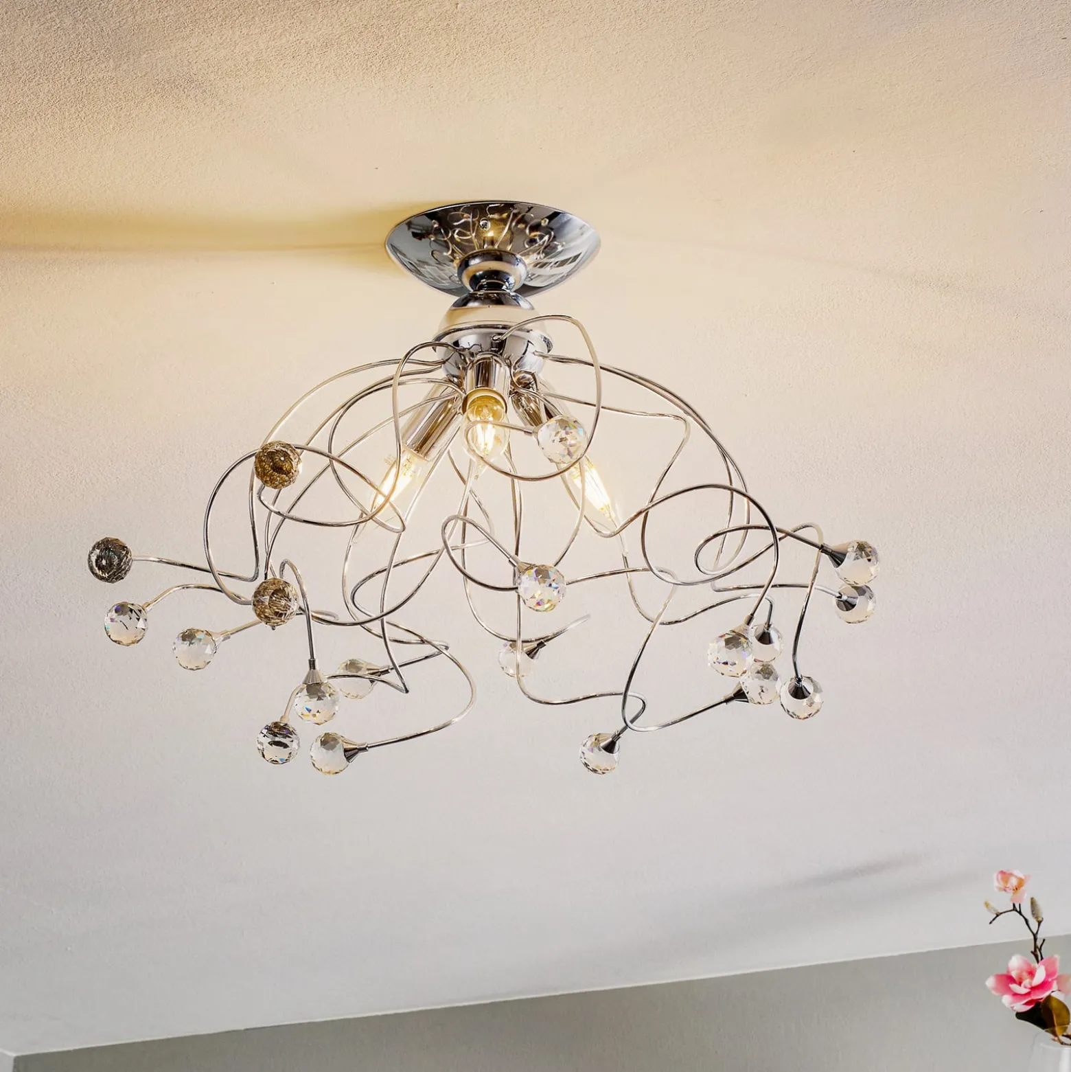 Deckenlampe Trilly in Chrom mit Kristallen, 3fl.