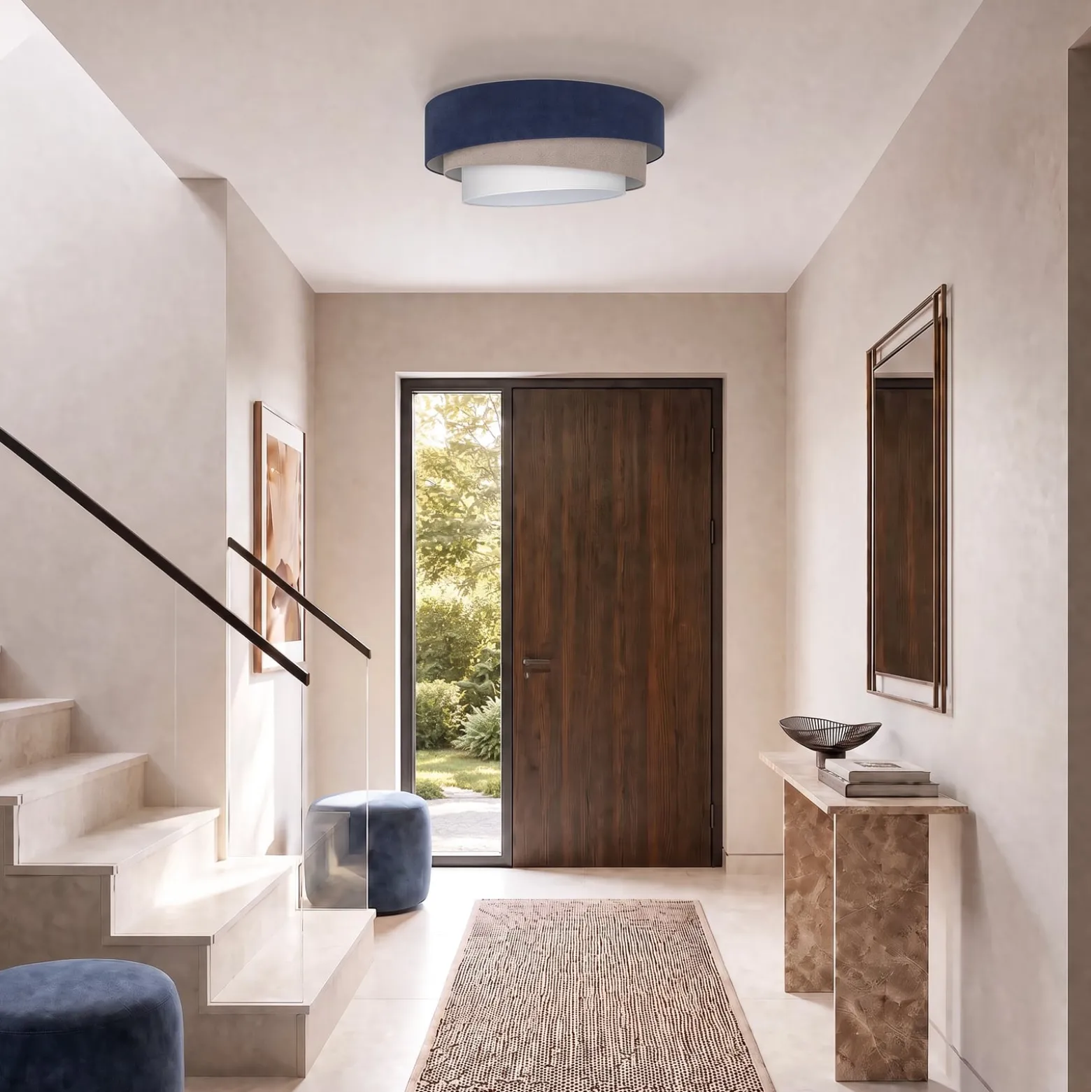 Deckenlampe Trio, dunkelblau/beige, Ø 60 cm, Textil, E27