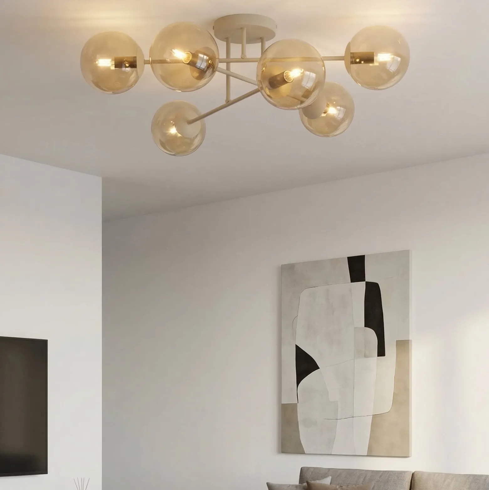 Deckenleuchte ROMA, beige, Ø 75 cm, 6-flg., Glas/Metall, E14