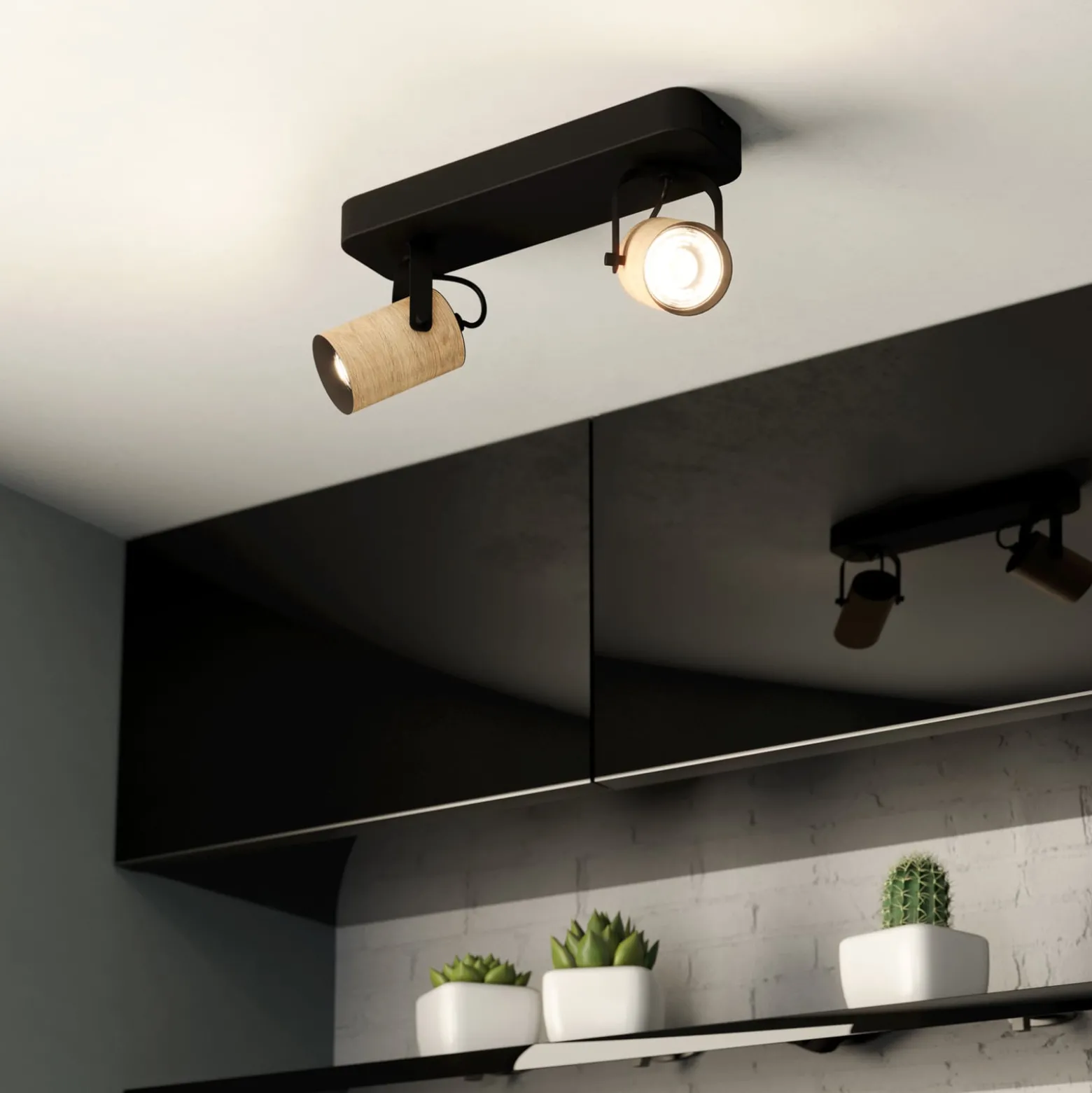 Deckenspot Cayuca, schwarz/holzdekor, zweiflammig