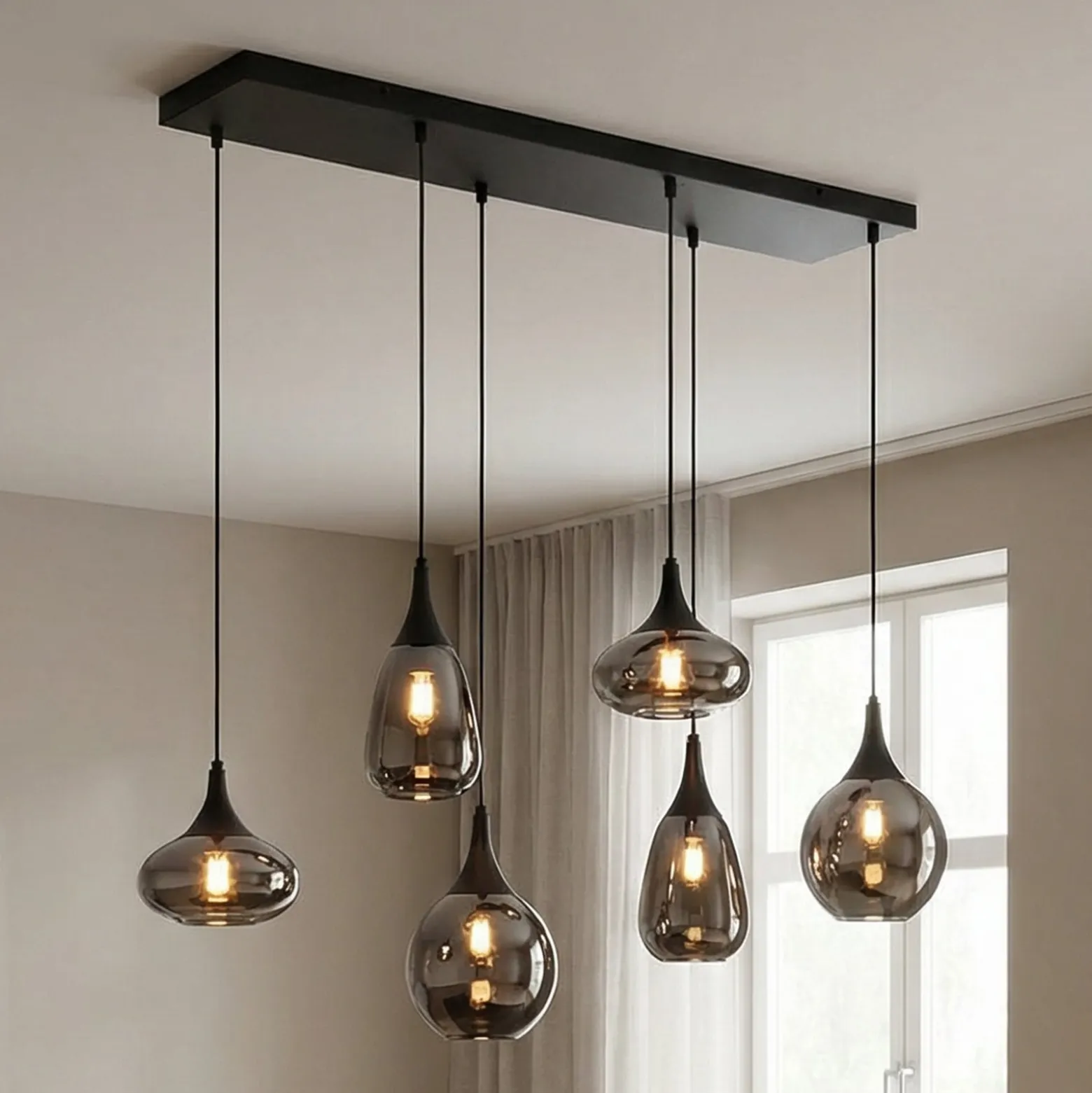 Hängeleuchte Lumina, 6-flammig, schwarz/chrom, Glas