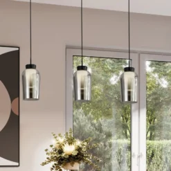 Hängeleuchte Nora, schwarz, chrom, 3-flammig, Balken, Glas
