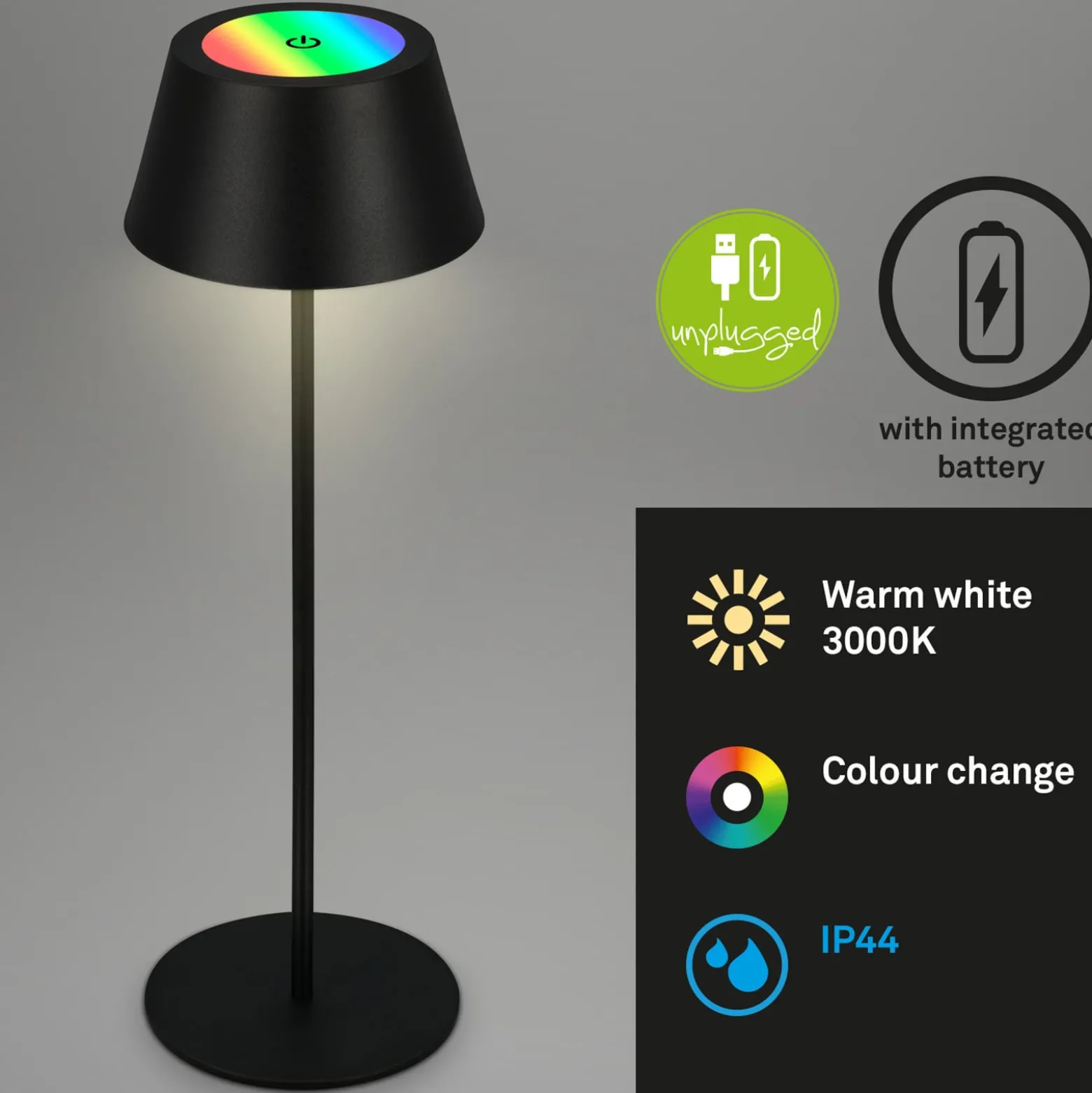 LED-Akku-Tischleuchte Kiki, schwarz, IP44, 3.000 K, RGBW