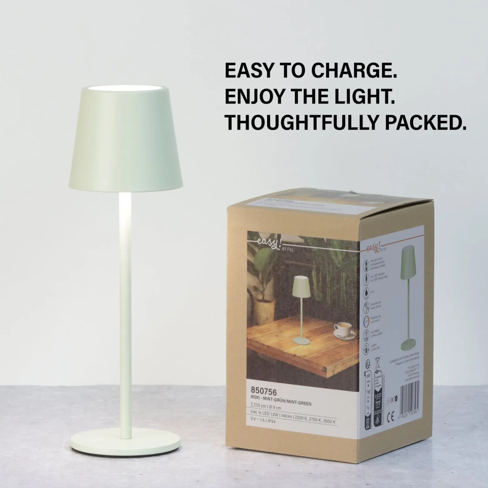 LED-Akku-Tischleuchte Roxi, mintgrün, Metall, IP54, Dimmer