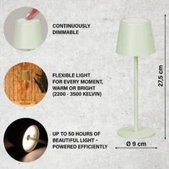 LED-Akku-Tischleuchte Roxi, mintgrün, Metall, IP54, Dimmer