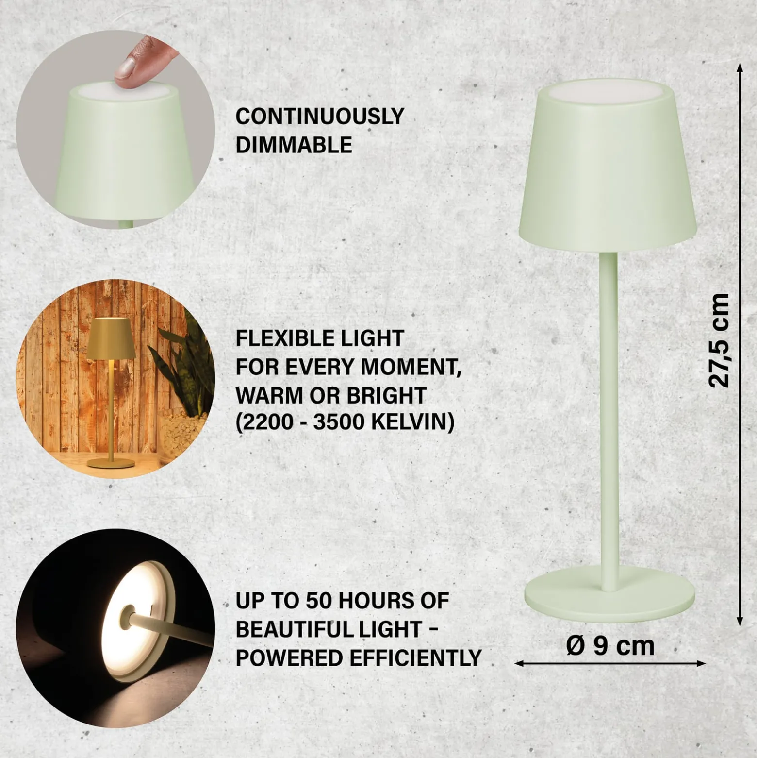 LED-Akku-Tischleuchte Roxi, mintgrün, Metall, IP54, Dimmer