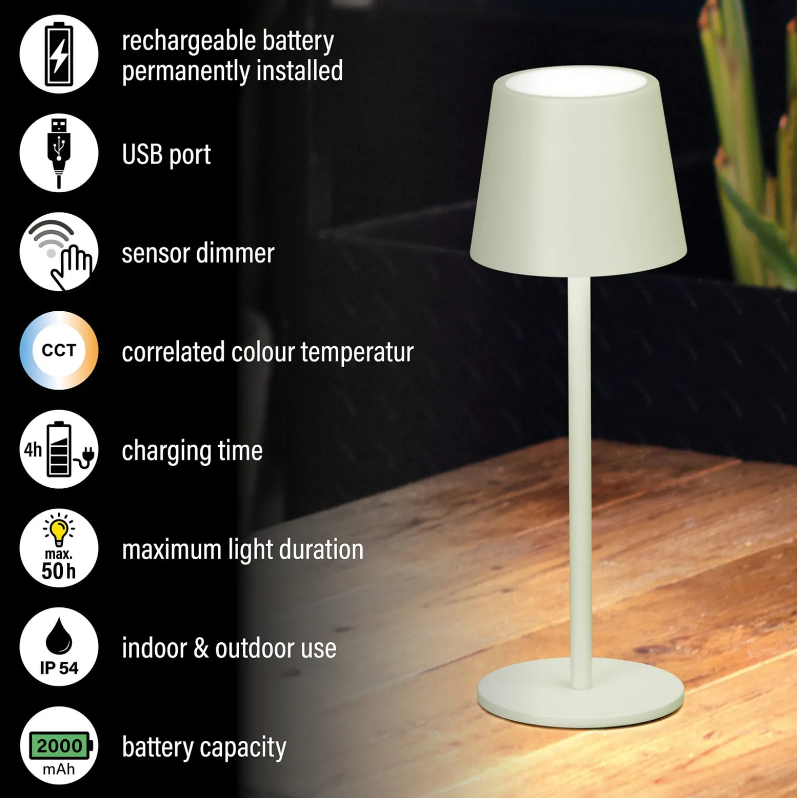 LED-Akku-Tischleuchte Roxi, mintgrün, Metall, IP54, Dimmer