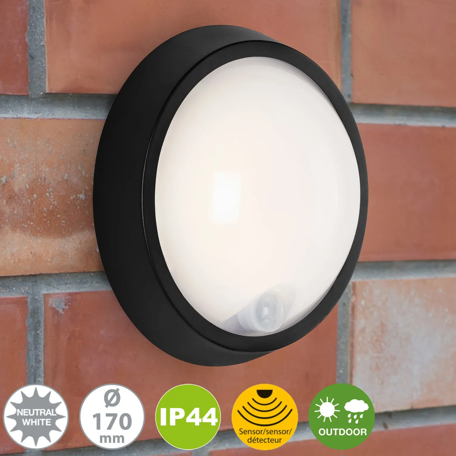 LED-Außenwandlampe Helsinki, Sensor, IP44, schwarz