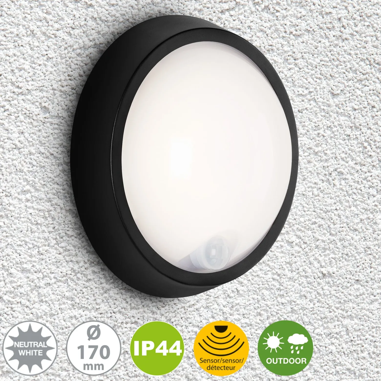 LED-Außenwandlampe Helsinki, Sensor, IP44, schwarz