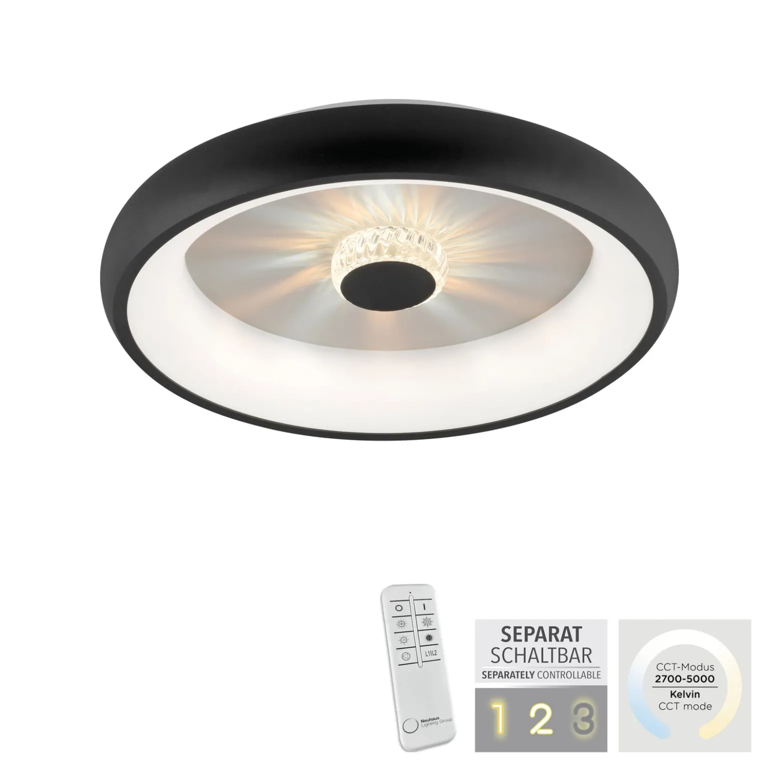 LED-Deckenleuchte Vertigo, CCT, Ø 46,5 cm, schwarz