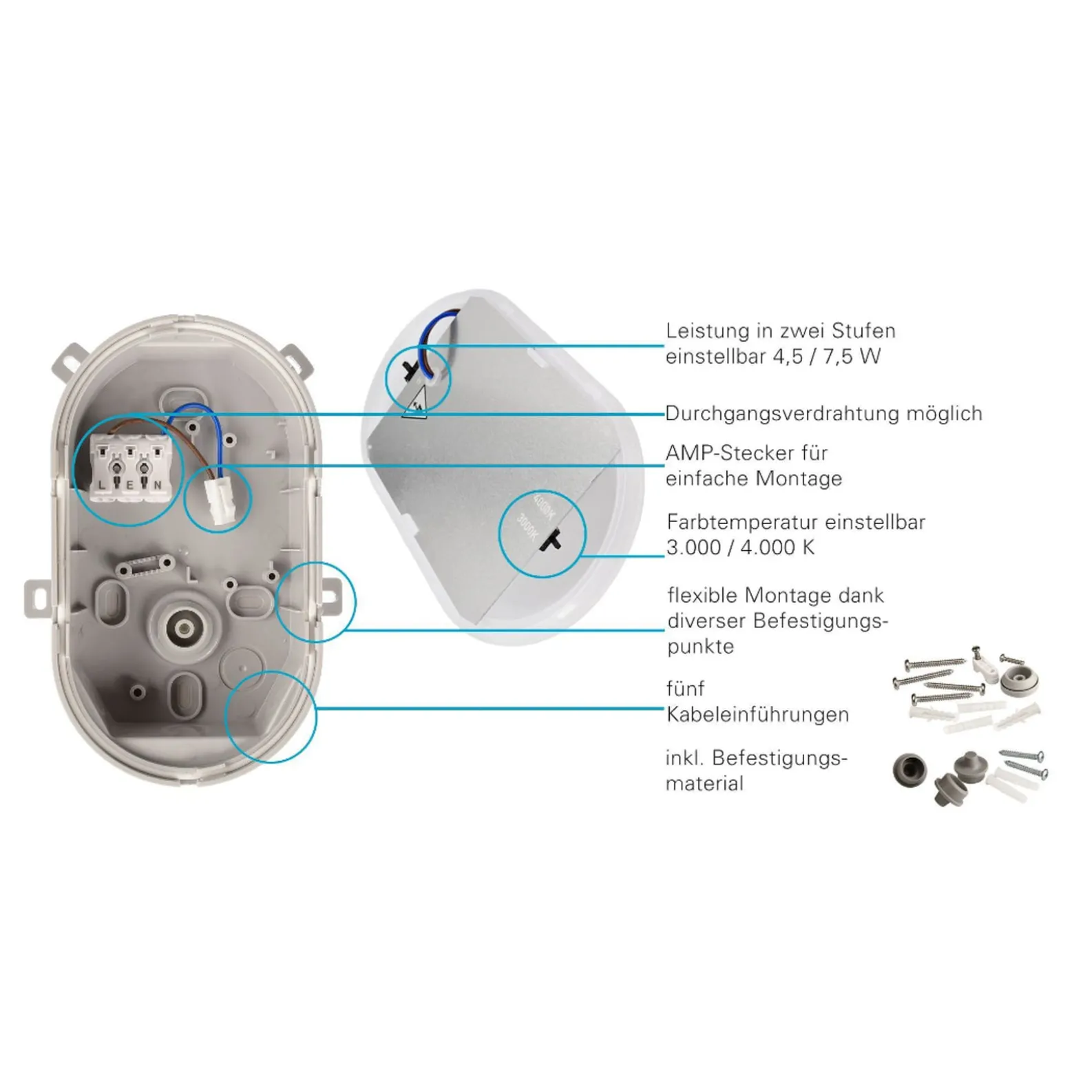 LED-Feuchtraumleuchte Sotano, grau, DIP-Schalter