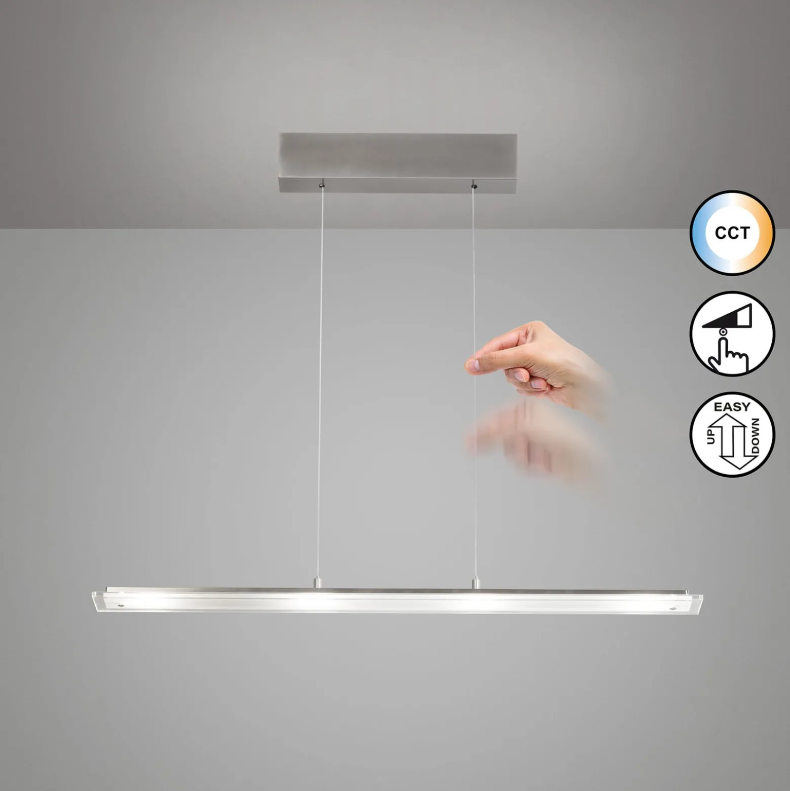 LED-Hängelampe Torvi, nickel, Länge 88 cm, CCT, Touchdimmer
