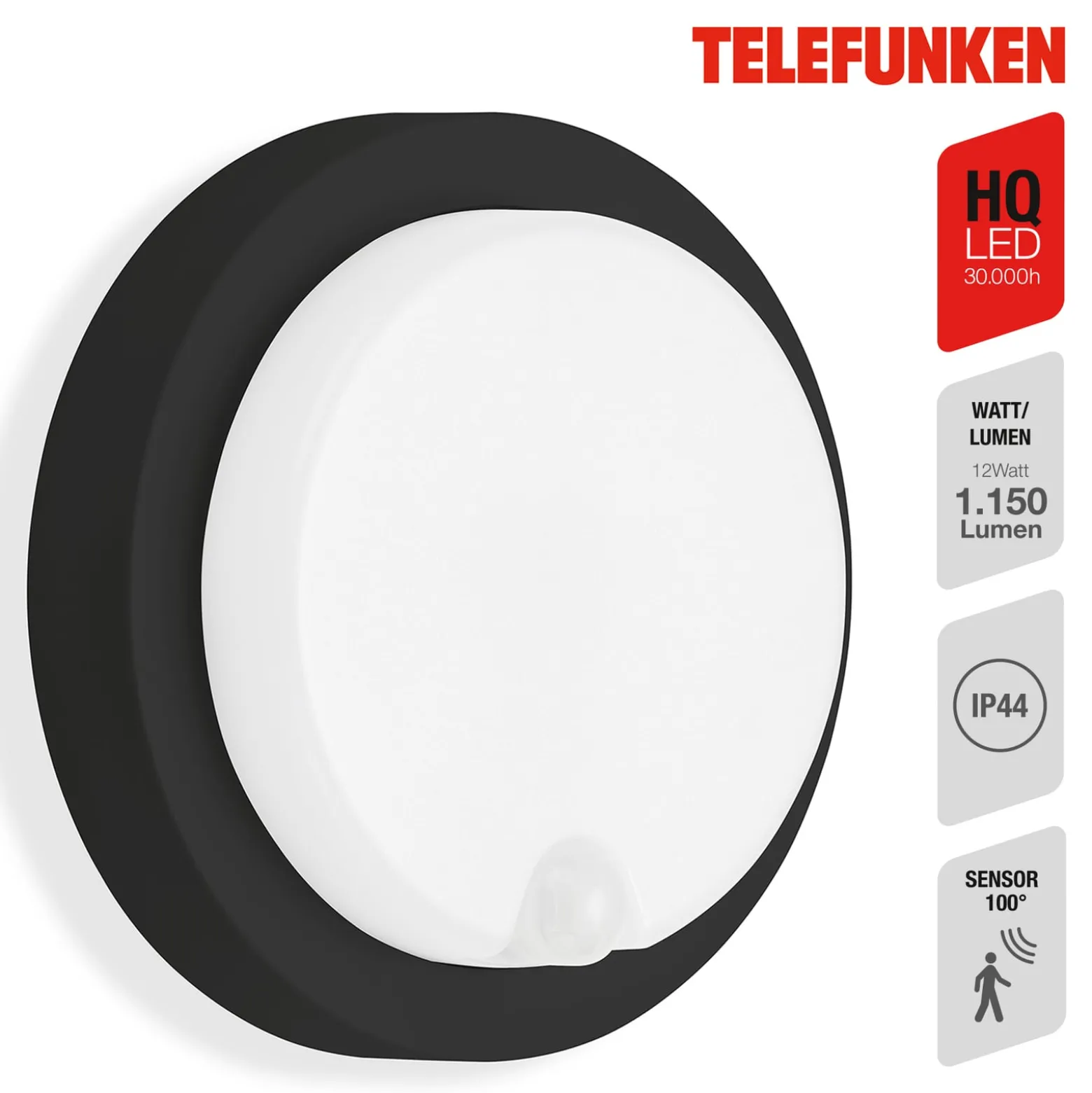 LED-Sensor-Außenwandleuchte Dortmund Ø17cm schwarz