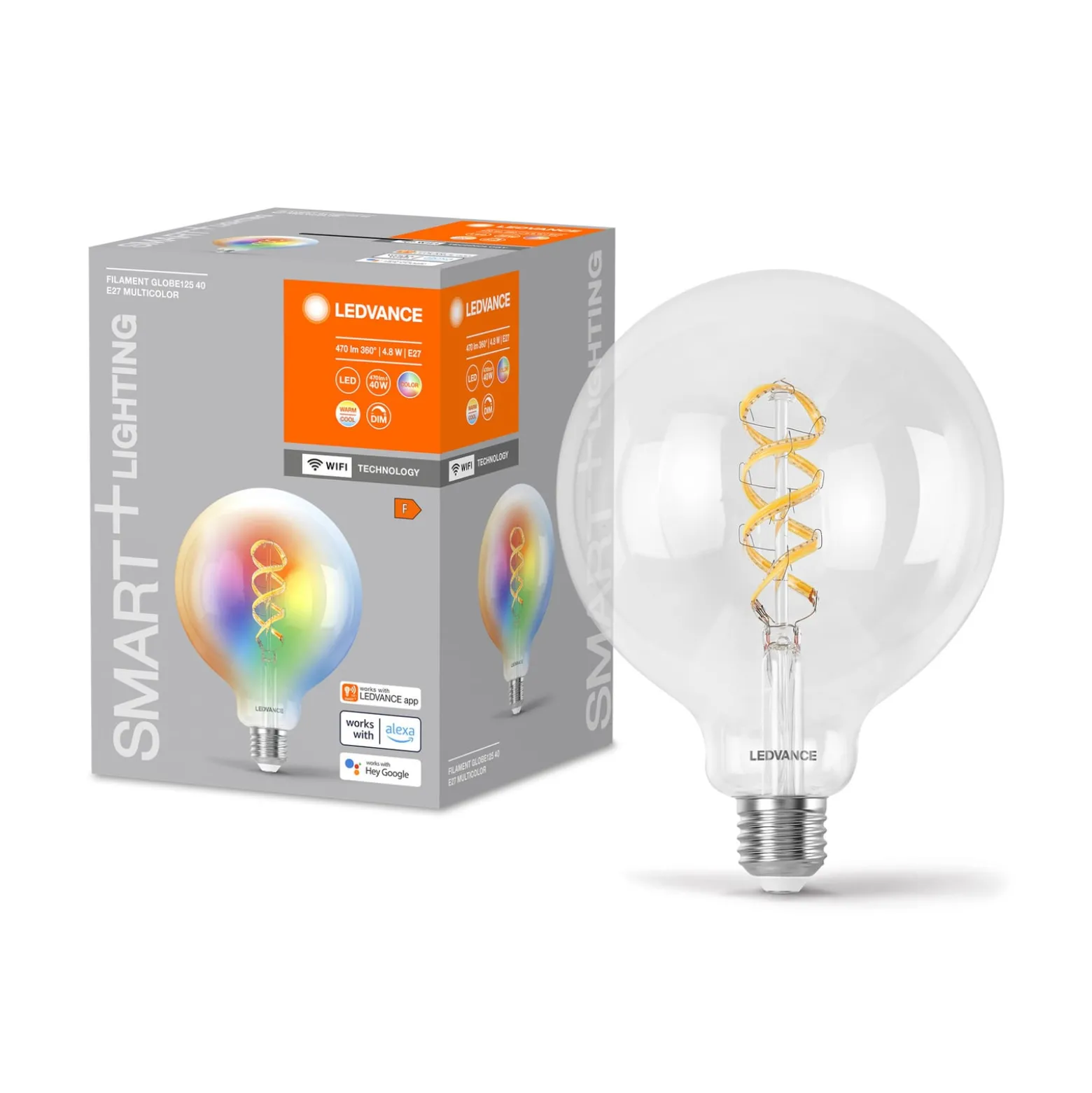 LEDVANCE SMART+ WiFi E27 4,8W klar G125 RGB CCT
