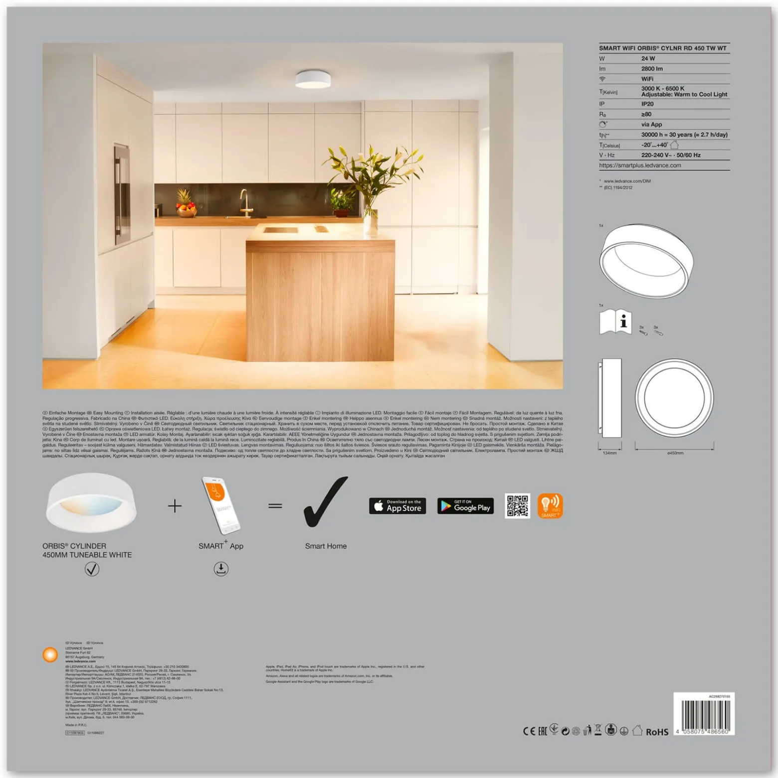 LEDVANCE SMART+ WiFi Orbis Cylinder CCT 45cm weiß