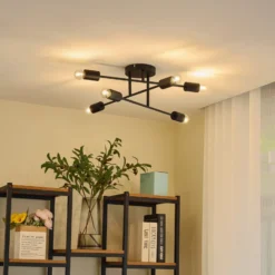 Lindby Deckenleuchte Estar, schwarz, Metall, 6-flg., Ø56cm