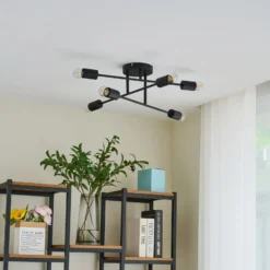 Lindby Deckenleuchte Estar, schwarz, Metall, 6-flg., Ø56cm