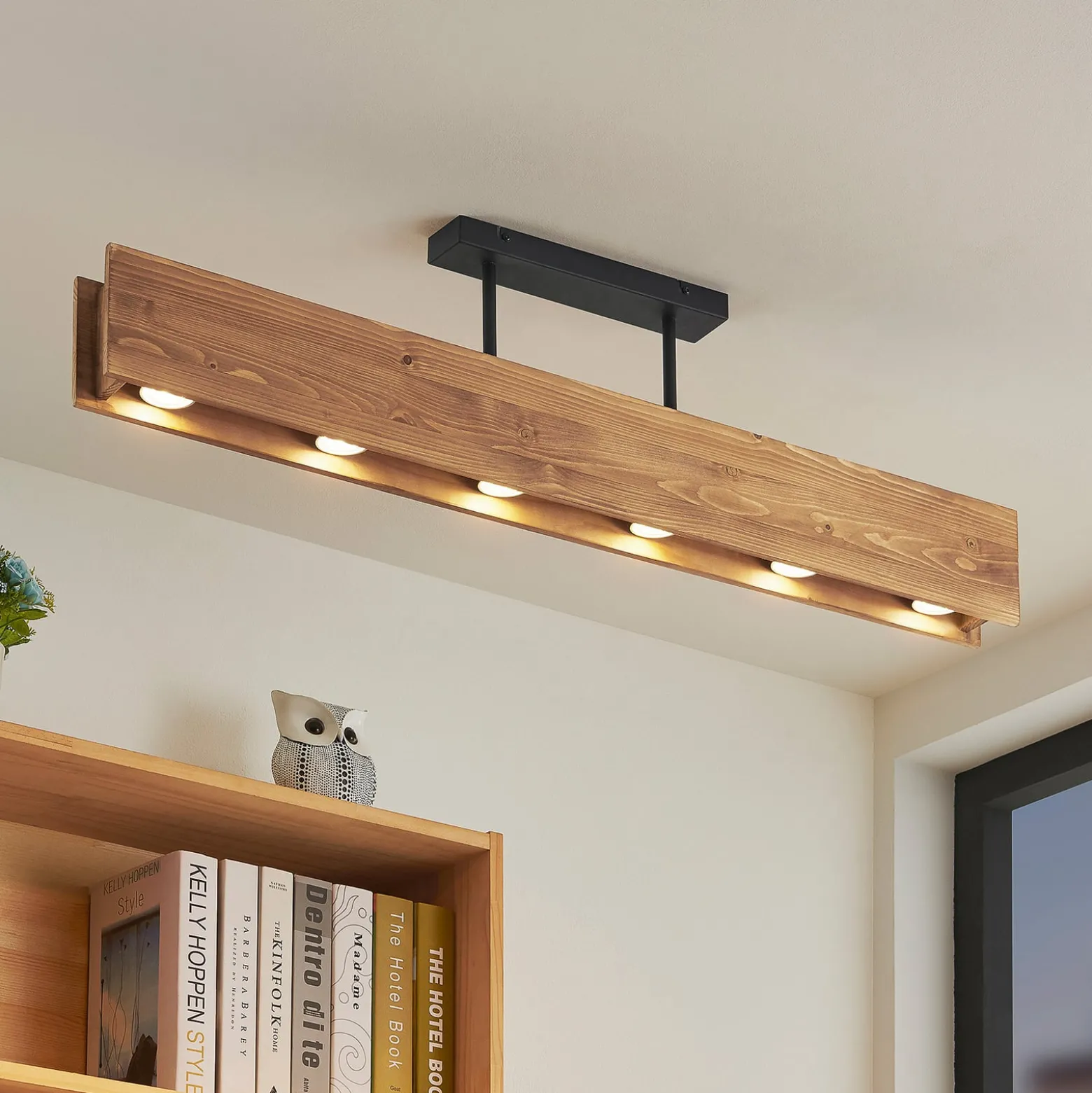 Lindby Deckenleuchte Malwin, GU10, 100 cm lang, 6-flg., Holz