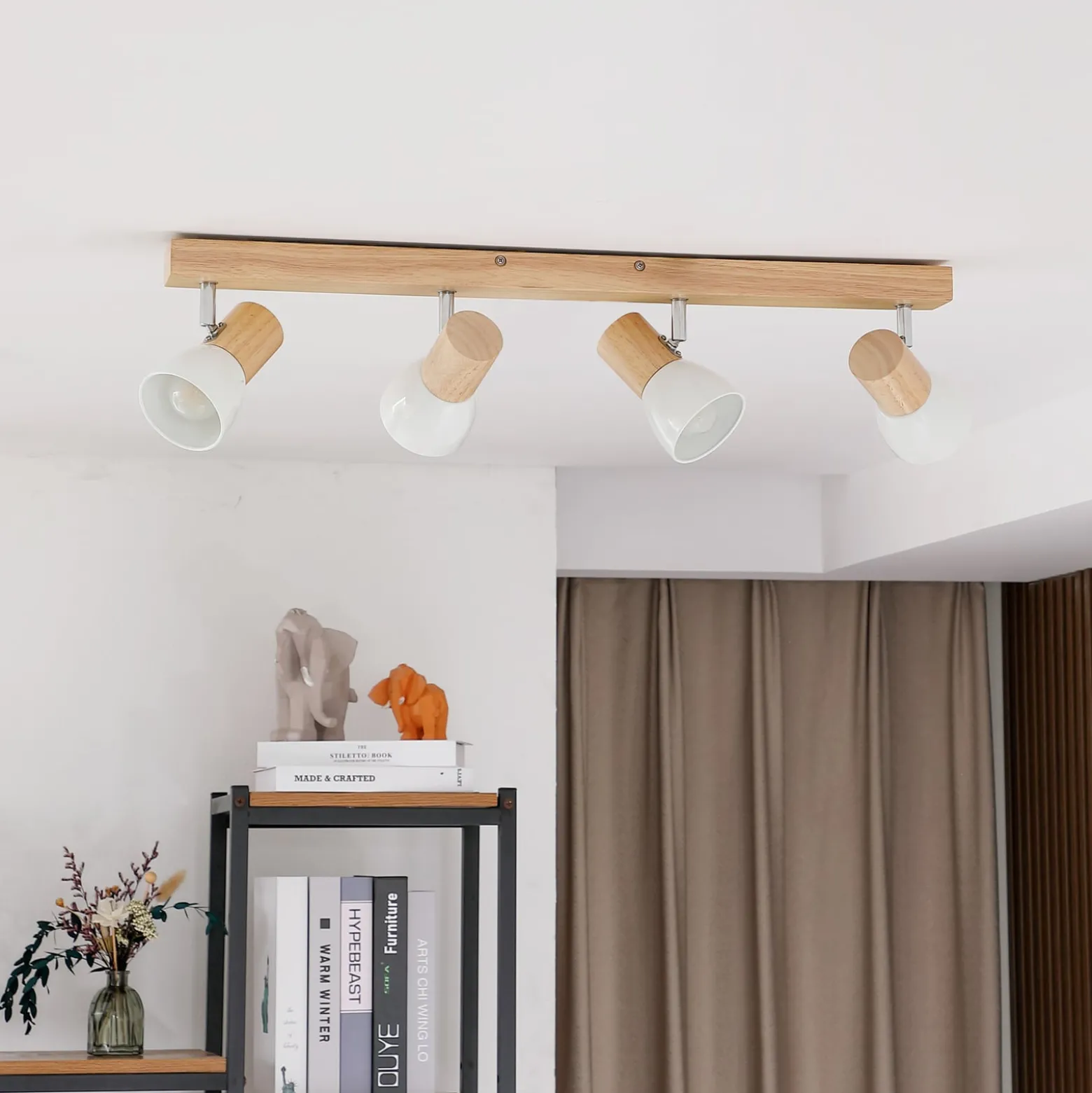 Lindby Deckenleuchte Thorin, 67 cm, 4-flg., weiß, Holz, E14