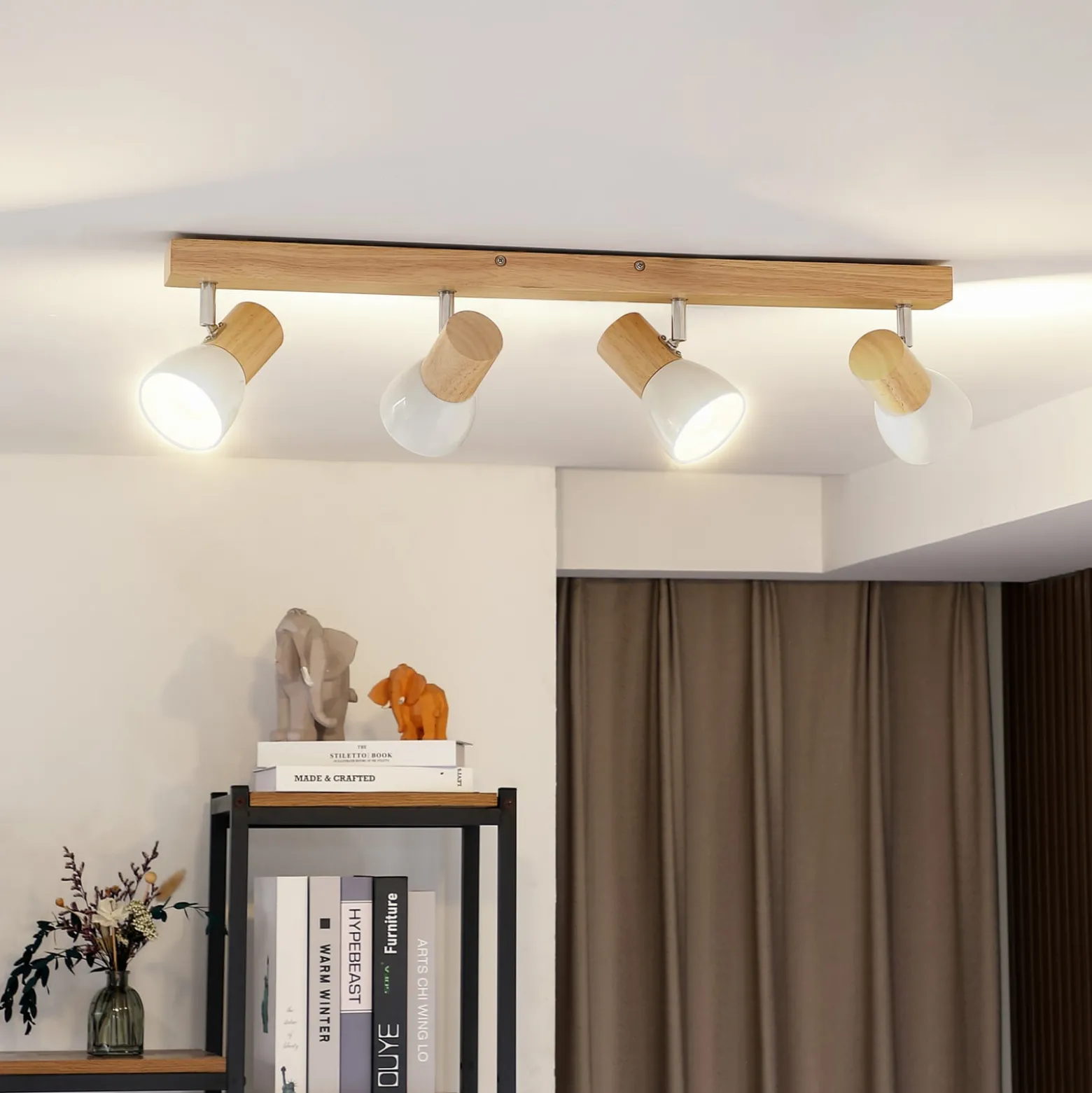 Lindby Deckenleuchte Thorin, 67 cm, 4-flg., weiß, Holz, E14