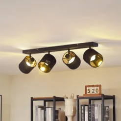 Lindby Deckenleuchte Vasilia, 4-flammig, schwarz/gold, Stoff