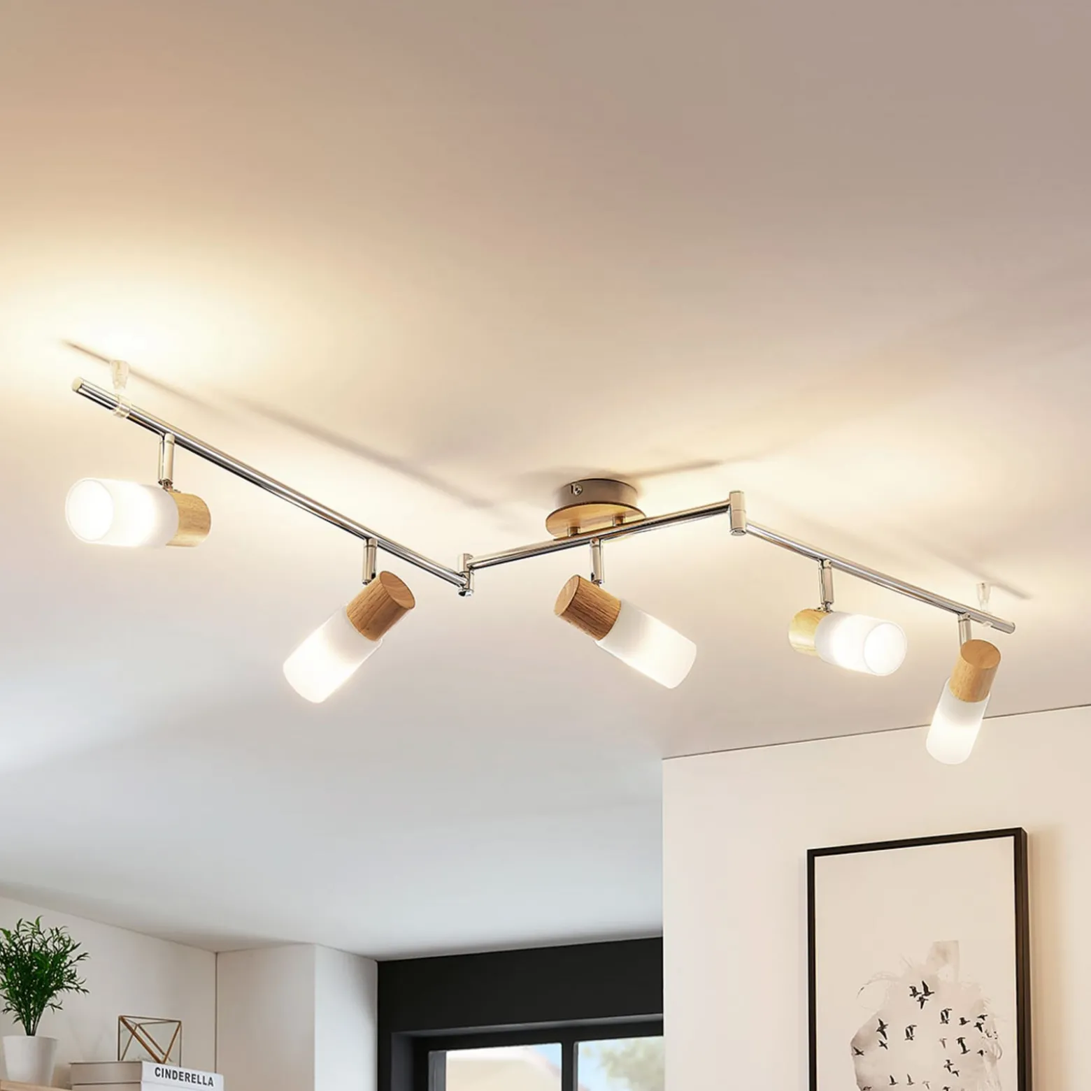 Lindby Deckenstrahler Christoph, 130 cm, 5-flg., Holz, Glas
