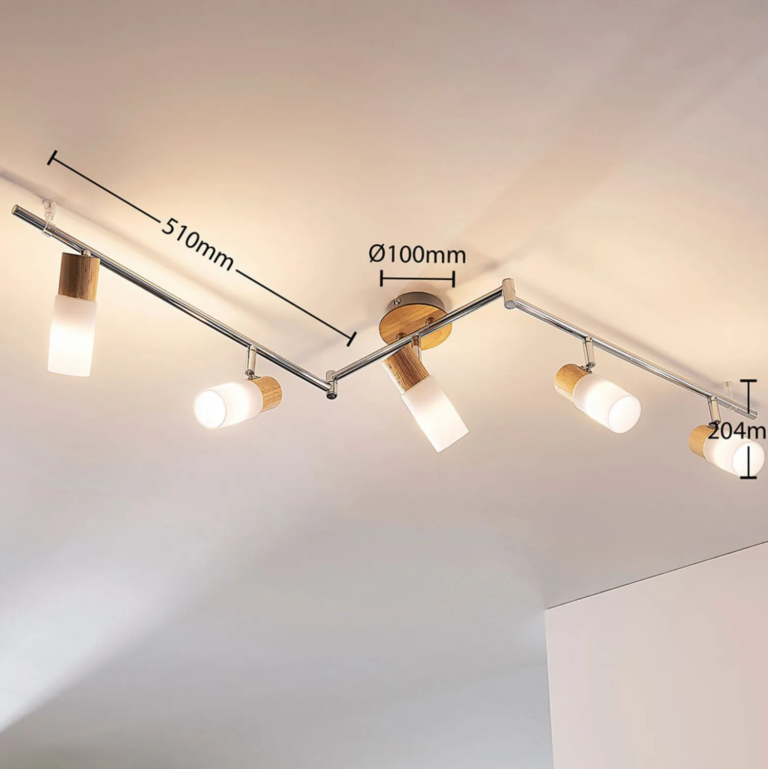 Lindby Deckenstrahler Christoph, 130 cm, 5-flg., Holz, Glas