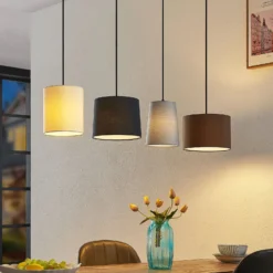 Lindby Hängeleuchte Amilia, Stoff, 4-flg., grau/beige, E27
