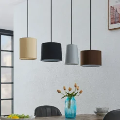 Lindby Hängeleuchte Amilia, Stoff, 4-flg., grau/beige, E27