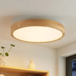 Lindby LED-Deckenlampe Lanira, Ø 50 cm, Holz, Remote, CCT