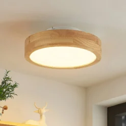Lindby LED-Deckenlampe Lanira, Ø 30 cm, Holz, Remote, CCT