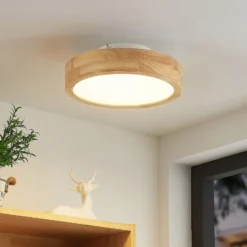 Lindby LED-Deckenlampe Lanira, Ø 30 cm, Holz, Remote, CCT