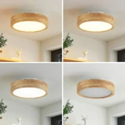 Lindby LED-Deckenlampe Lanira, Ø 30 cm, Holz, Remote, CCT