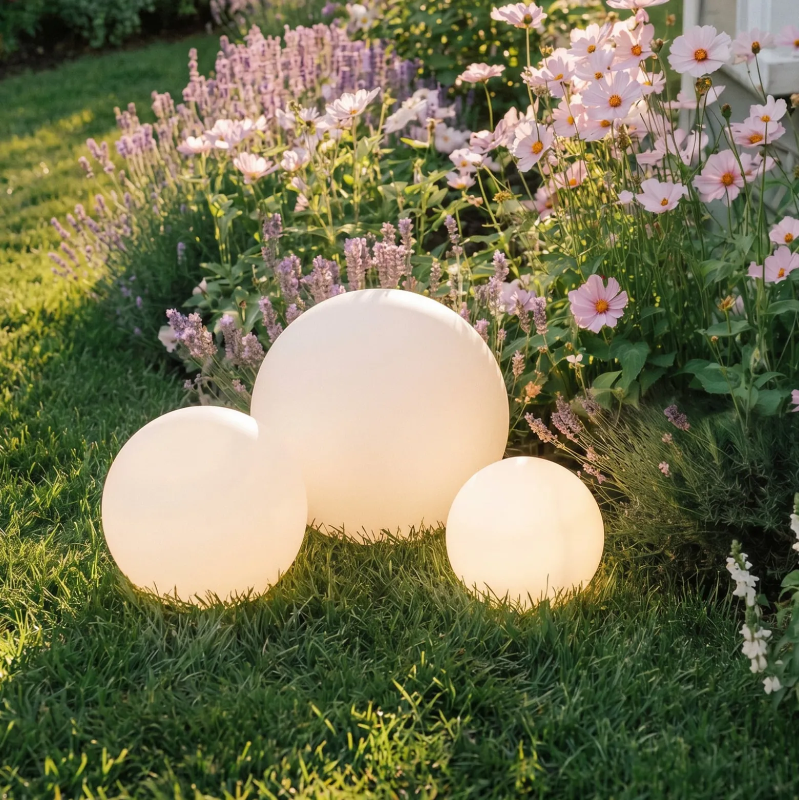 Lindby LED-Solarlampen Lago, 3er-Set, Kugeln, Erdspieß, weiß