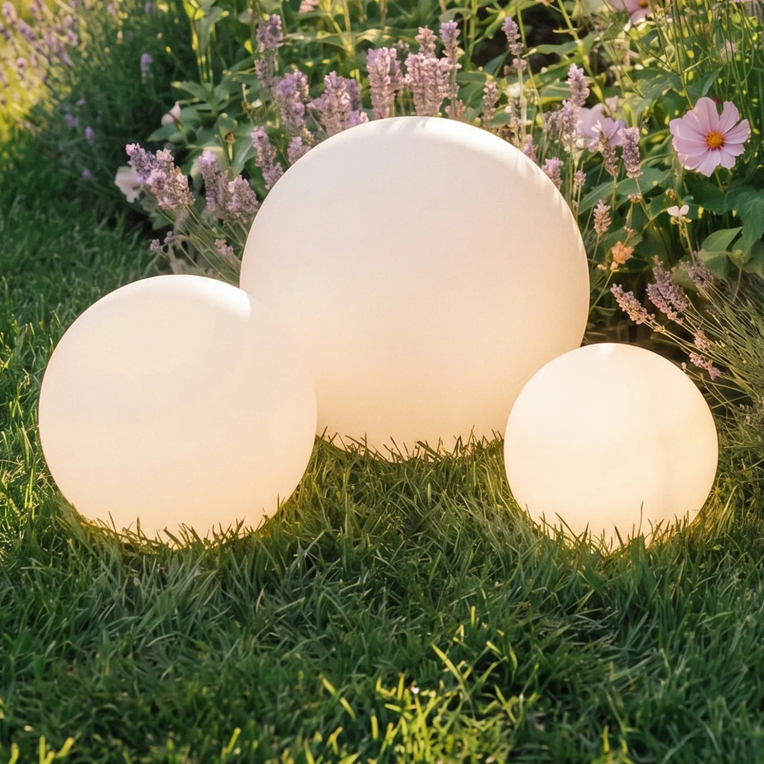 Lindby LED-Solarlampen Lago, 3er-Set, Kugeln, Erdspieß, weiß