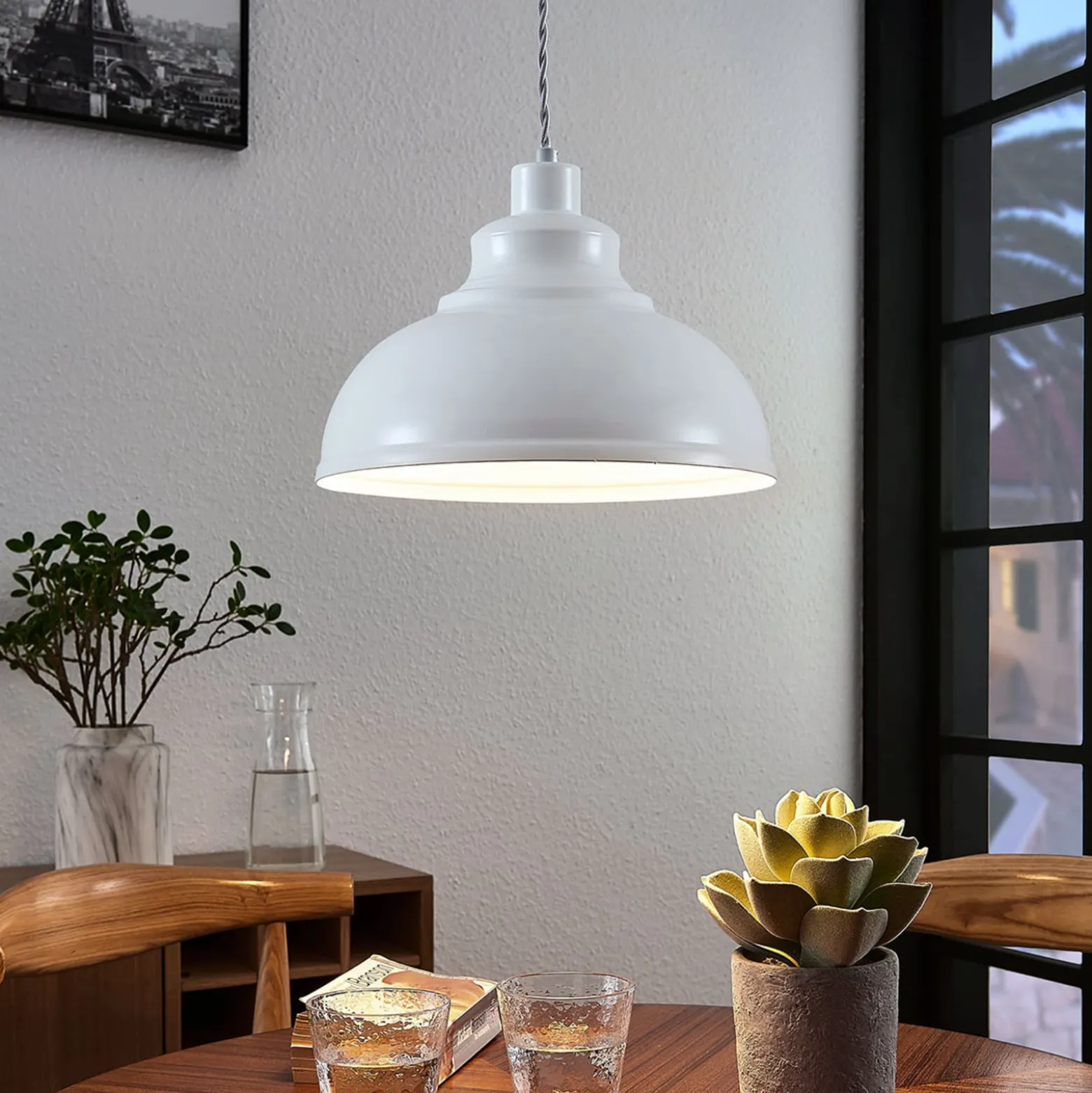 Lindby Pendelleuchte Albertine, weiß, Metall, Ø 29 cm, E27