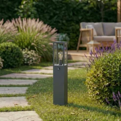 Lindby Wegeleuchte Peldar, anthrazit/klar, 80 cm, Sensor