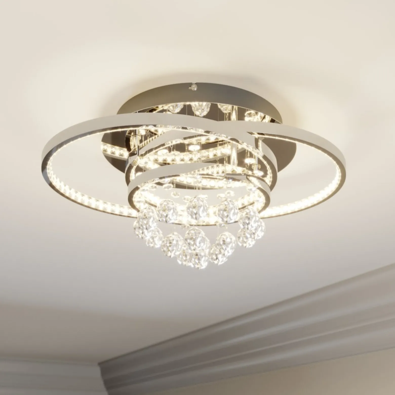 Lucande LED-Deckenleuchte Keely, chromfarben, Kristall, 45cm