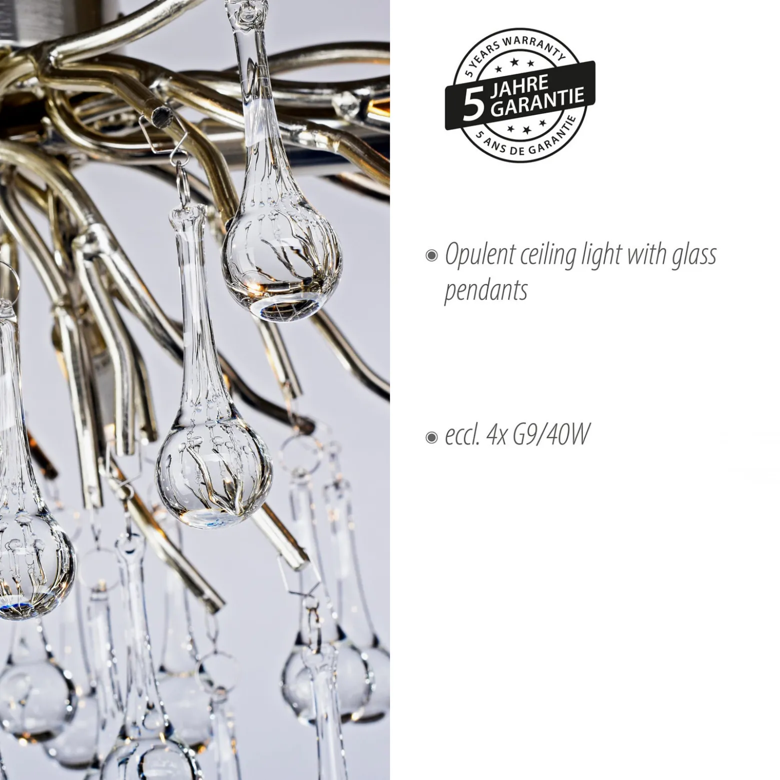 Paul Neuhaus Deckenleuchte Icicle, Glasbehang, 4-fl., silber