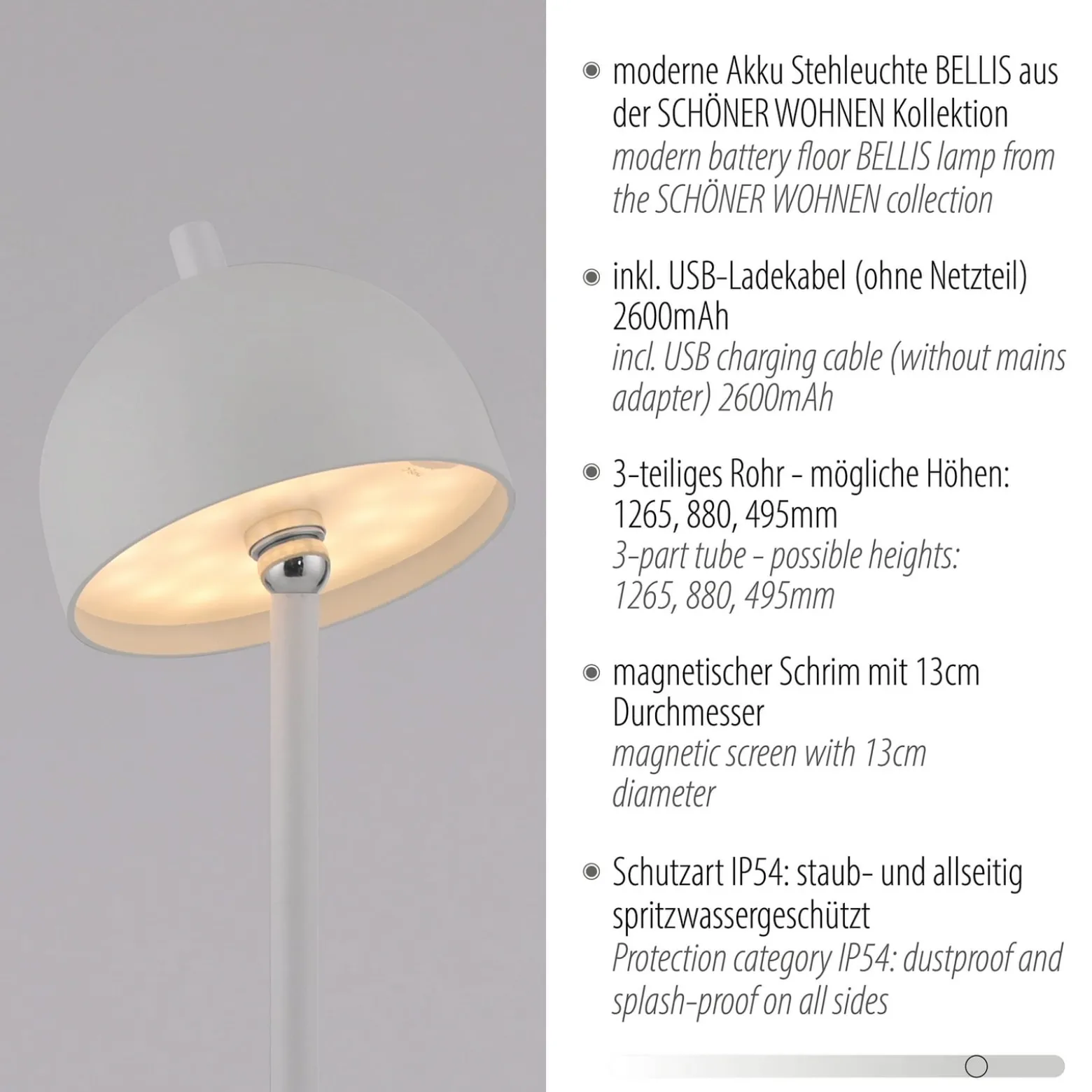 SCHÖNER WOHNEN LED-Akku-Stehlampe Bellis, weiß, IP54