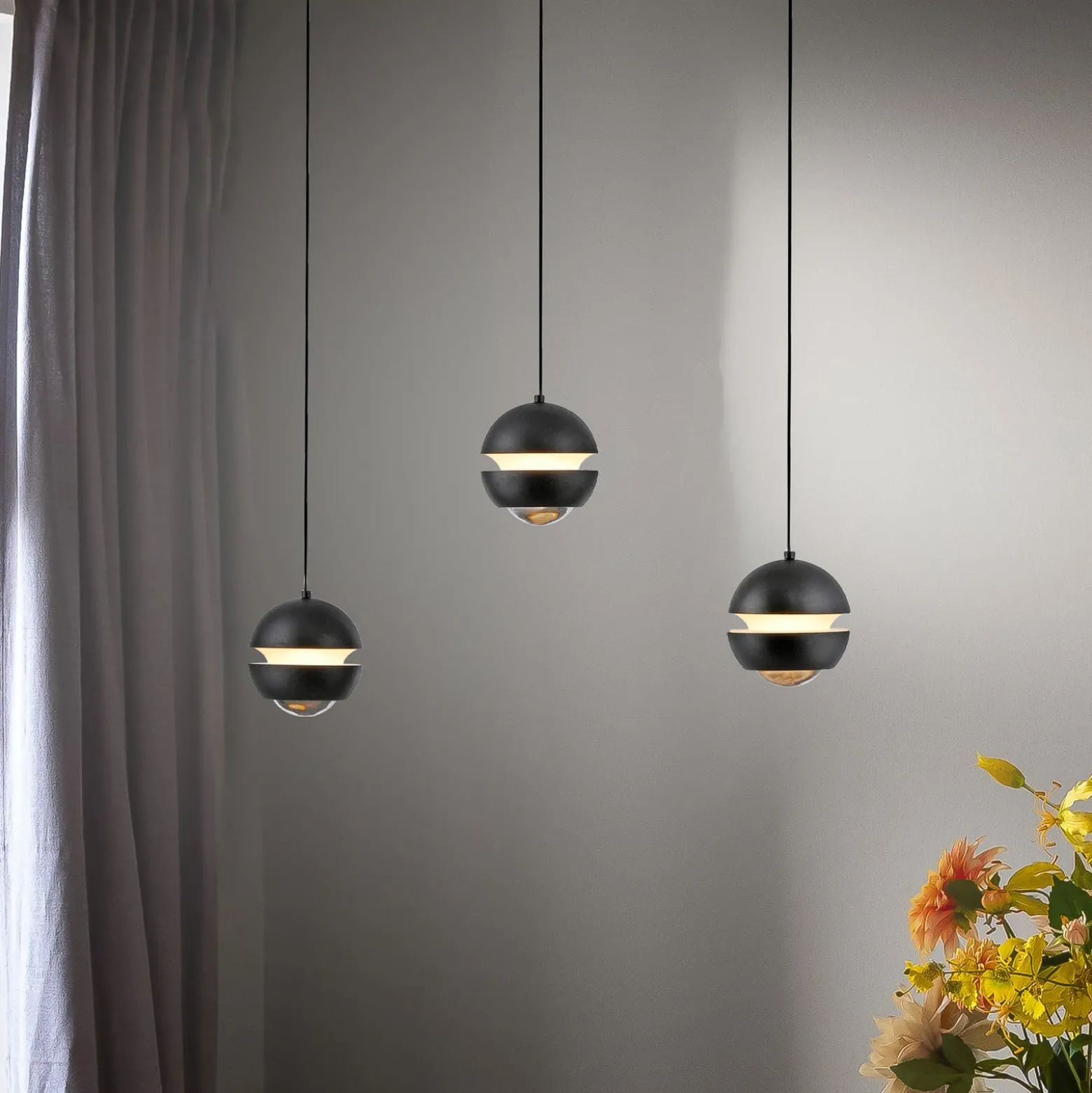 SCHÖNER WOHNEN LED-Hängelampe Lini schwarz 3-fl. lang 3.000K