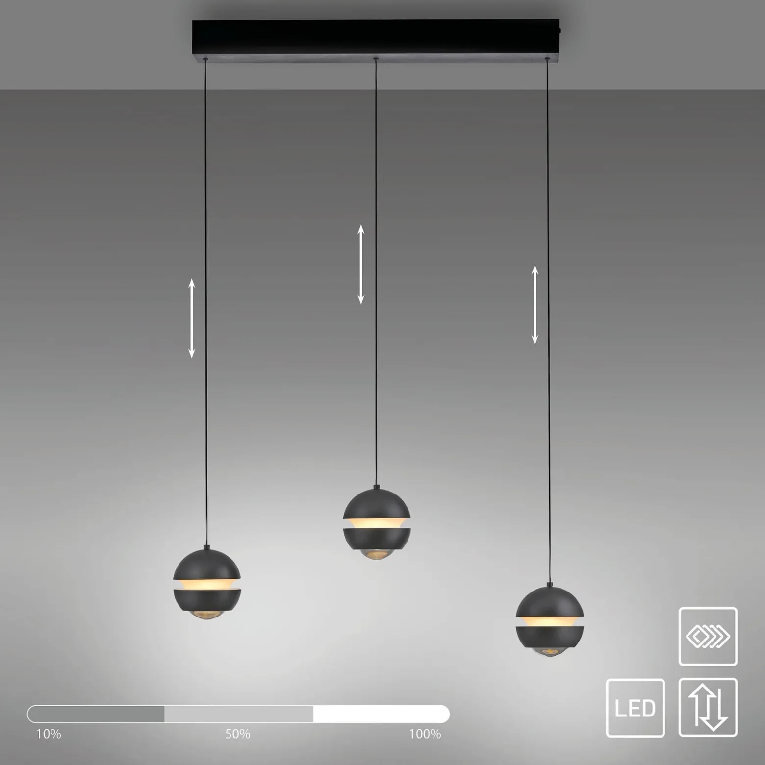 SCHÖNER WOHNEN LED-Hängelampe Lini schwarz 3-fl. lang 3.000K
