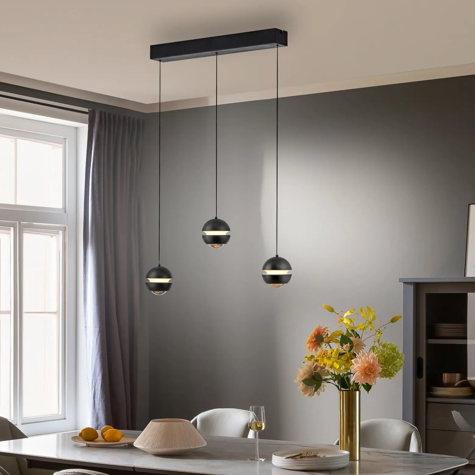 SCHÖNER WOHNEN LED-Hängelampe Lini schwarz 3-fl. lang 3.000K